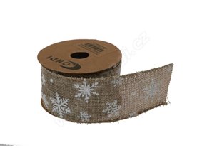 Jutová stuha s vločkou 5 cm x 5 m přírodní/bílá